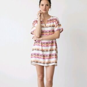 Lou‎ & Grey Boho Tunic Dress Small White Pink Orange Tribal Print Cotton Lined